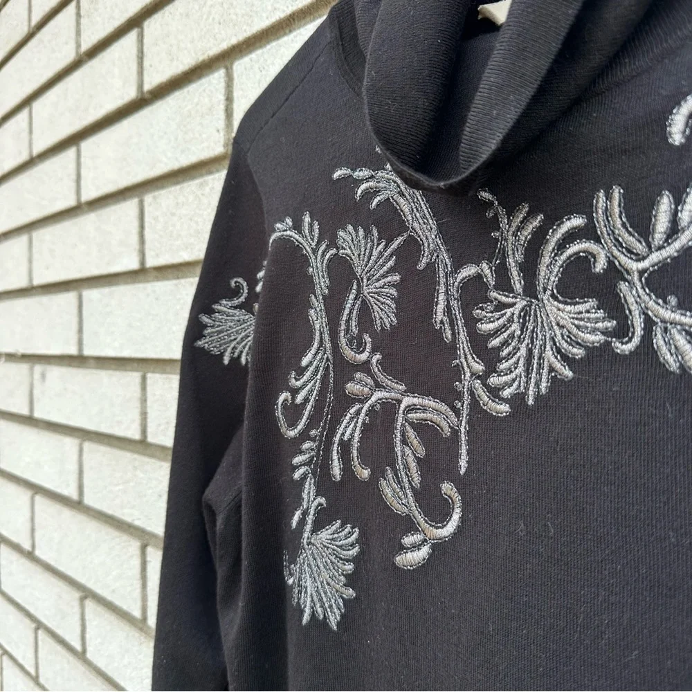 NWT Soft Surroundings Black Embroidered Turtleneck Sweater Metallic Floral Knit